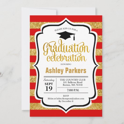 Invitation Graduation Party - Red Gold Stripes (Devant)