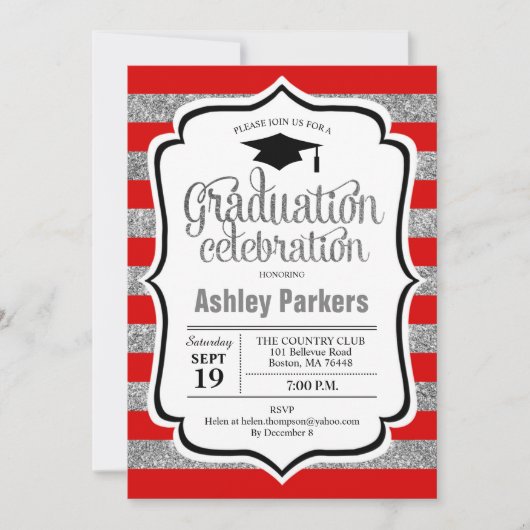 Invitation Graduation Party - Red Silver Stripes (Devant)