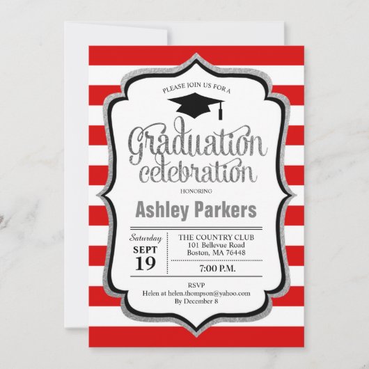 Invitation Graduation Party - Rouge Argent Noir Blanc (Devant)