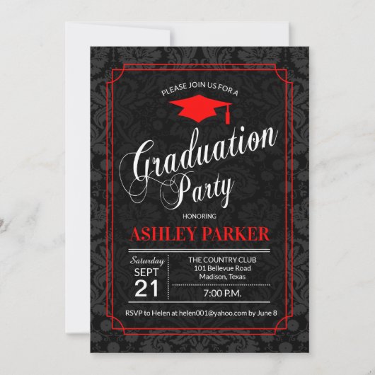 Invitation Graduation Party - Rouge Noir Blanc Damas (Devant)