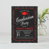 Invitation Graduation Party - Rouge Noir Blanc Damas (Debout devant)