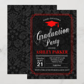 Invitation Graduation Party - Rouge Noir Blanc Damas (Devant / Derrière)