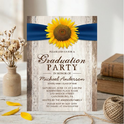 Invitation Graduation Party Rustic Grange Wood Sunflower Ribb