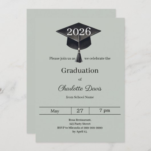 Invitation Graduation party sage green class of 2026 (Devant / Derrière)