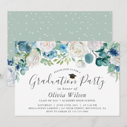 Invitation Graduation Party Sage Vert Bleu Blanc Floral (Devant / Derrière)