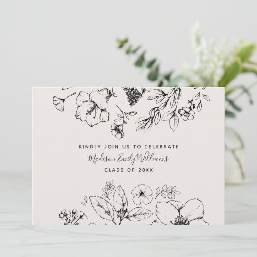 Invitation Graduation Party Script Blush Botanical Floral (Debout devant)