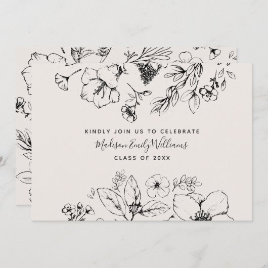 Invitation Graduation Party Script Blush Botanical Floral (Devant / Derrière)