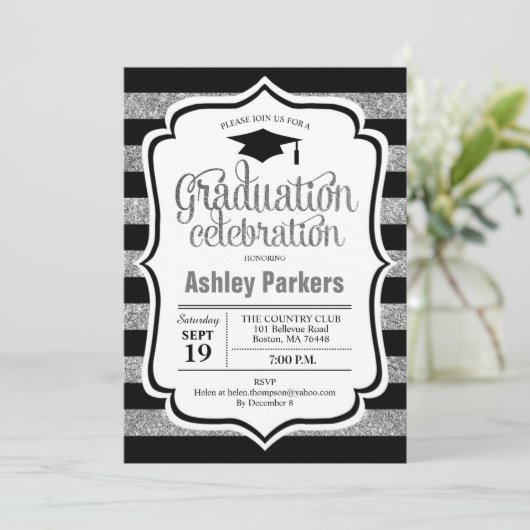 Invitation Graduation Party - Silver Black Stripes (Debout devant)