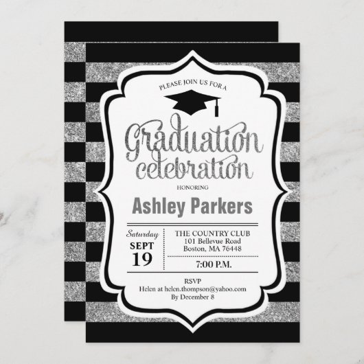 Invitation Graduation Party - Silver Black Stripes (Devant / Derrière)