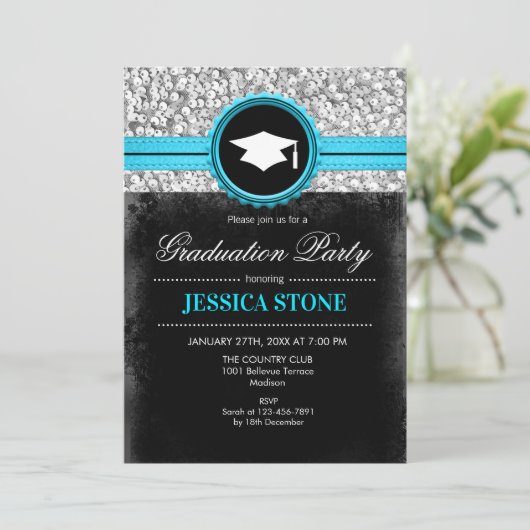 Invitation Graduation Party - Silver Black Turquoise (Debout devant)