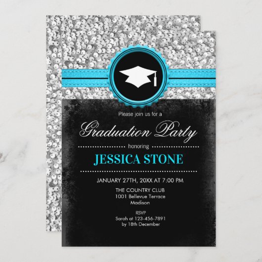 Invitation Graduation Party - Silver Black Turquoise (Devant / Derrière)