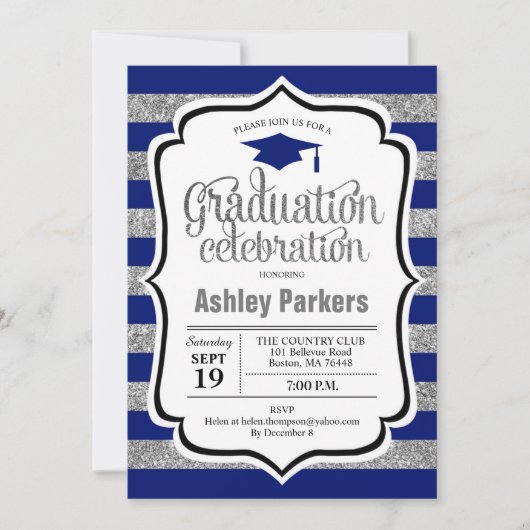 Invitation Graduation Party - Silver Navy Blue Stripes (Devant)