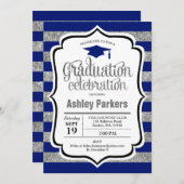 Invitation Graduation Party - Silver Navy Blue Stripes (Devant / Derrière)