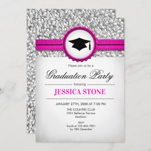Invitation Graduation Party - Silver White Pink (Devant / Derrière)