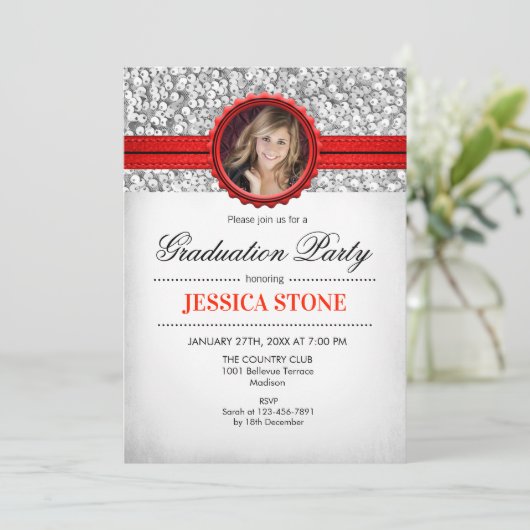 Invitation Graduation Party - Silver White Red Photo (Debout devant)
