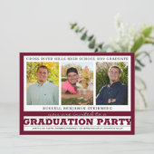 Invitation Graduation Party Trois photos Maroon & Silver (Debout devant)