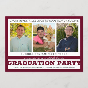 Invitation Graduation Party Trois photos Maroon & Silver