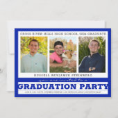 Invitation Graduation Party Trois Photos Royal Blue & Silver (Devant)