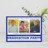 Invitation Graduation Party Trois Photos Royal Blue & Silver (Debout devant)
