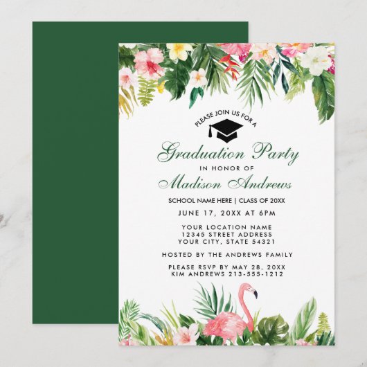 Invitation Graduation Party Tropical Floral Green (Devant / Derrière)