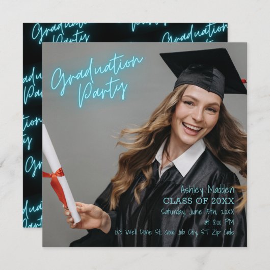 Invitation Graduation Party Turquoise Neon Moderne (Devant / Derrière)