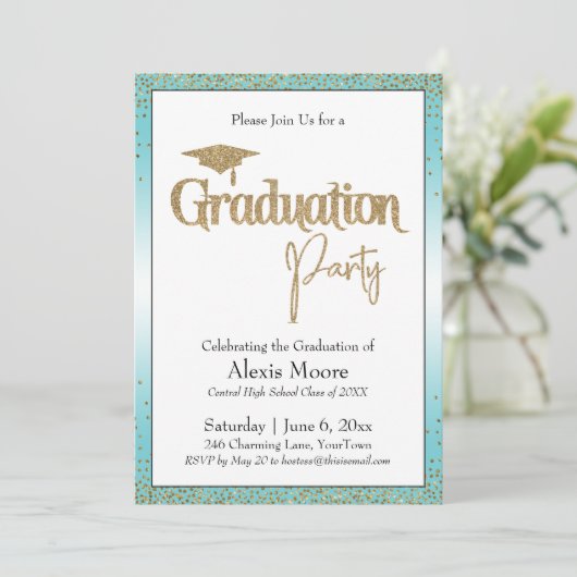 Invitation Graduation Party Turquoise Ombre Gold Confetti (Debout devant)