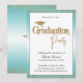 Invitation Graduation Party Turquoise Ombre Gold Confetti (Devant / Derrière)