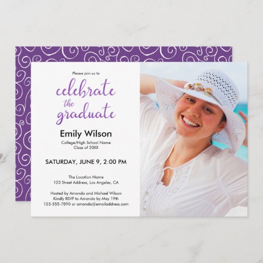 Invitation Graduation Party Violet Script Motif Photo (Devant / Derrière)