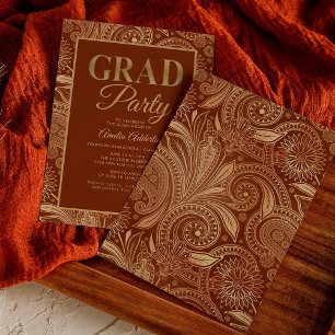 Invitation Graduation personnalisée Burgundy Gold Paisley