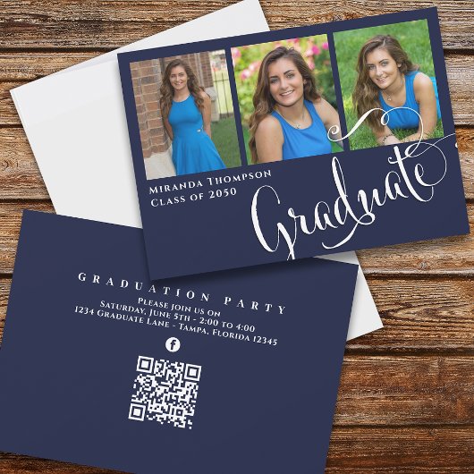Invitation Graduation Photo Calligraphie Script Navy Blue