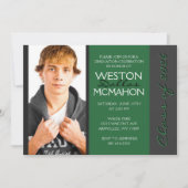 Invitation Graduation photo en vert foncé et gris rayé (Devant)