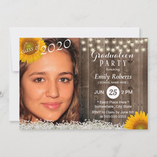 Invitation Graduation photo Fleur de tournesol en bois rustiq (Devant)