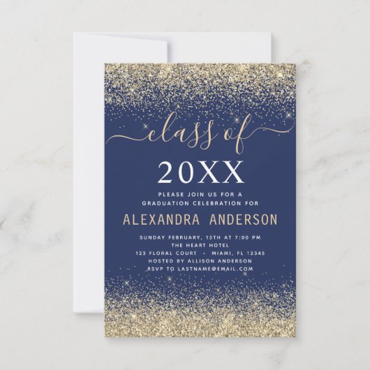 Invitation Graduation Photo Gold Marine Classe bleue de 2022 (Devant)