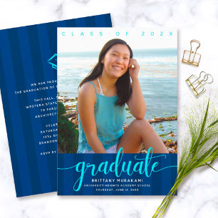 Invitation Graduation photo marine rayures script moderne gir