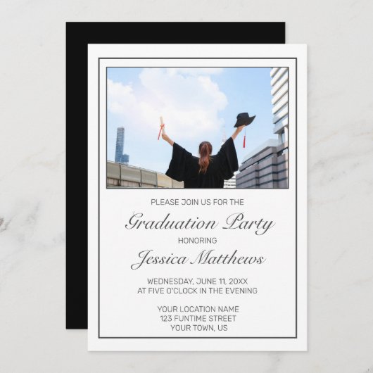 Invitation Graduation photo minimaliste moderne noir blanc (Devant / Derrière)