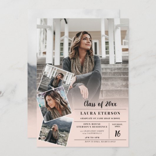 Invitation Graduation photo minimaliste moderne rose-rousse (Devant / Derrière)