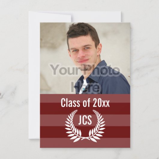 Invitation Graduation photo Monogramme Laurel Red Maroon Stri (Devant)
