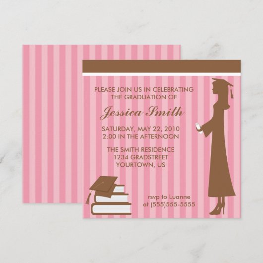 Invitation Graduation Pink Stripes (Devant / Derrière)