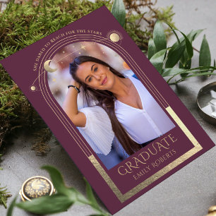 Invitation Graduation Plum Gold Sun Moon Stars Grad Photo