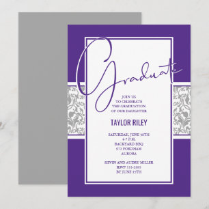 Invitation Graduation Purple et Grey Damask