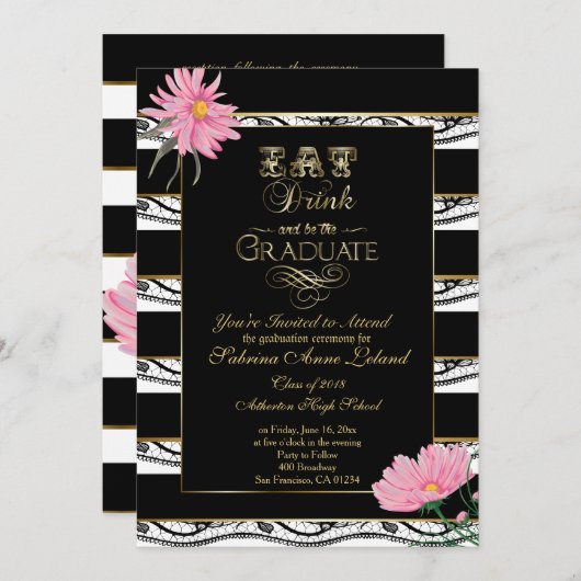 Invitation Graduation Rose Daisies noir dentelle Blanche rayu (Devant / Derrière)