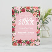 Invitation Graduation rose et rouge florale (Debout devant)