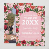 Invitation Graduation rose et rouge florale (Devant / Derrière)