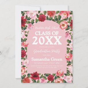 Invitation Graduation rose et rouge florale