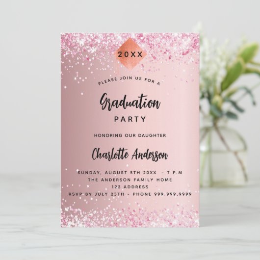 Invitation Graduation rose pâle parties scintillant fille (Debout devant)