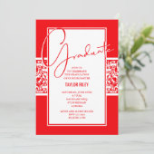 Invitation Graduation rouge et blanc Damask (Debout devant)