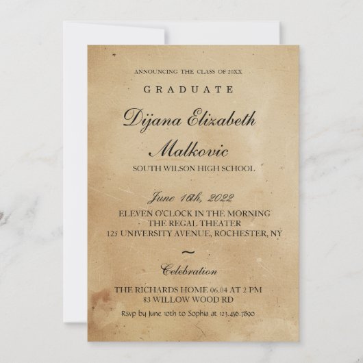 Invitation Graduation rustique classique (Devant)