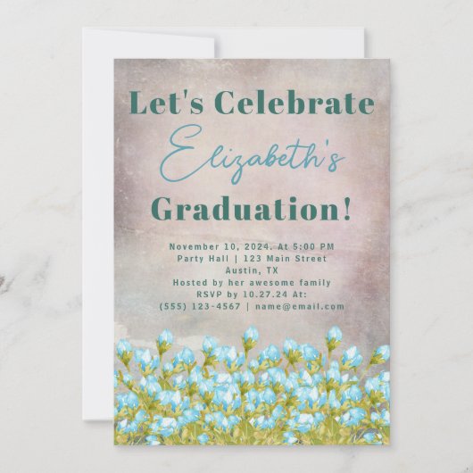 Invitation Graduation rustique Fleurs d'aquarelle bleu (Devant)
