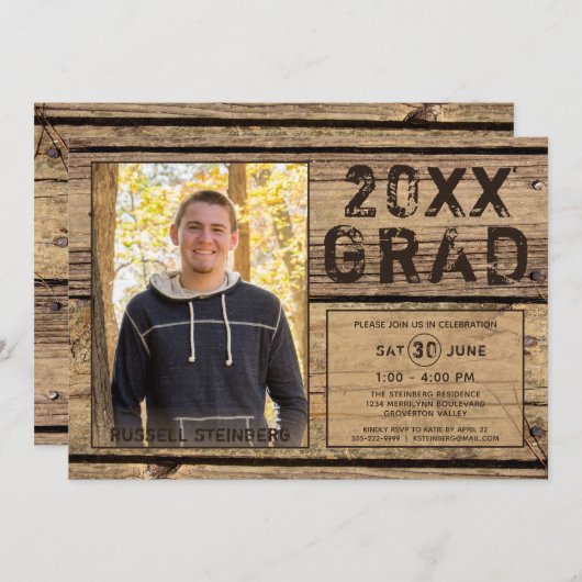 Invitation Graduation Rustique Pays Bois Une photo GRAD (Devant / Derrière)