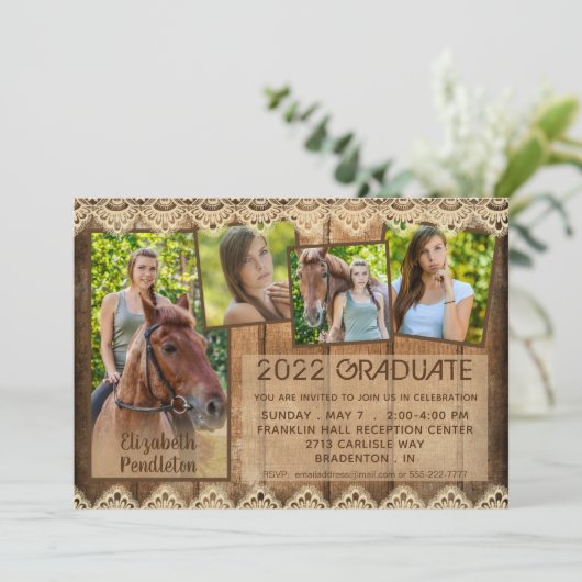 Invitation Graduation Rustique Pays Dentelle en bois 5 Photo (Debout devant)
